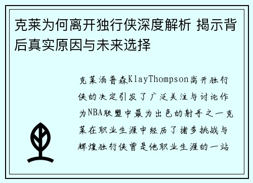 克莱为何离开独行侠深度解析 揭示背后真实原因与未来选择